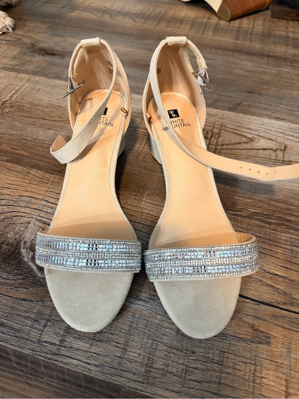 White Mountain Neutral Block Heel Sandals with Sparkling Toe Band